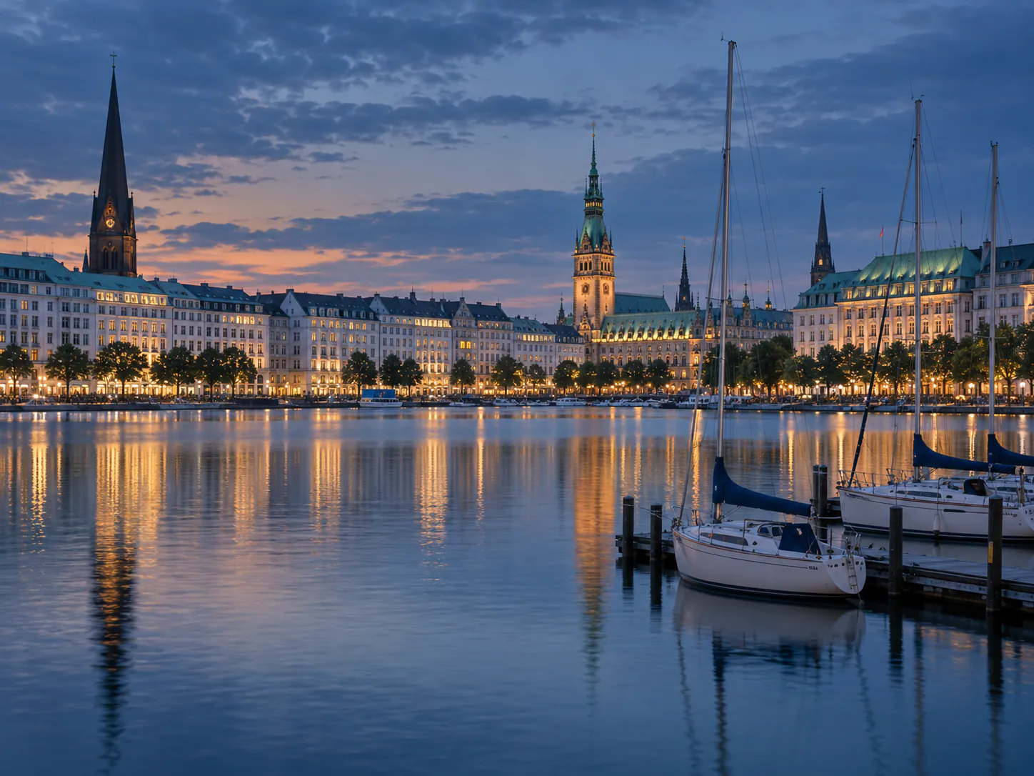 Hamburg's Inner Alster lake with the town hall at blue hour
