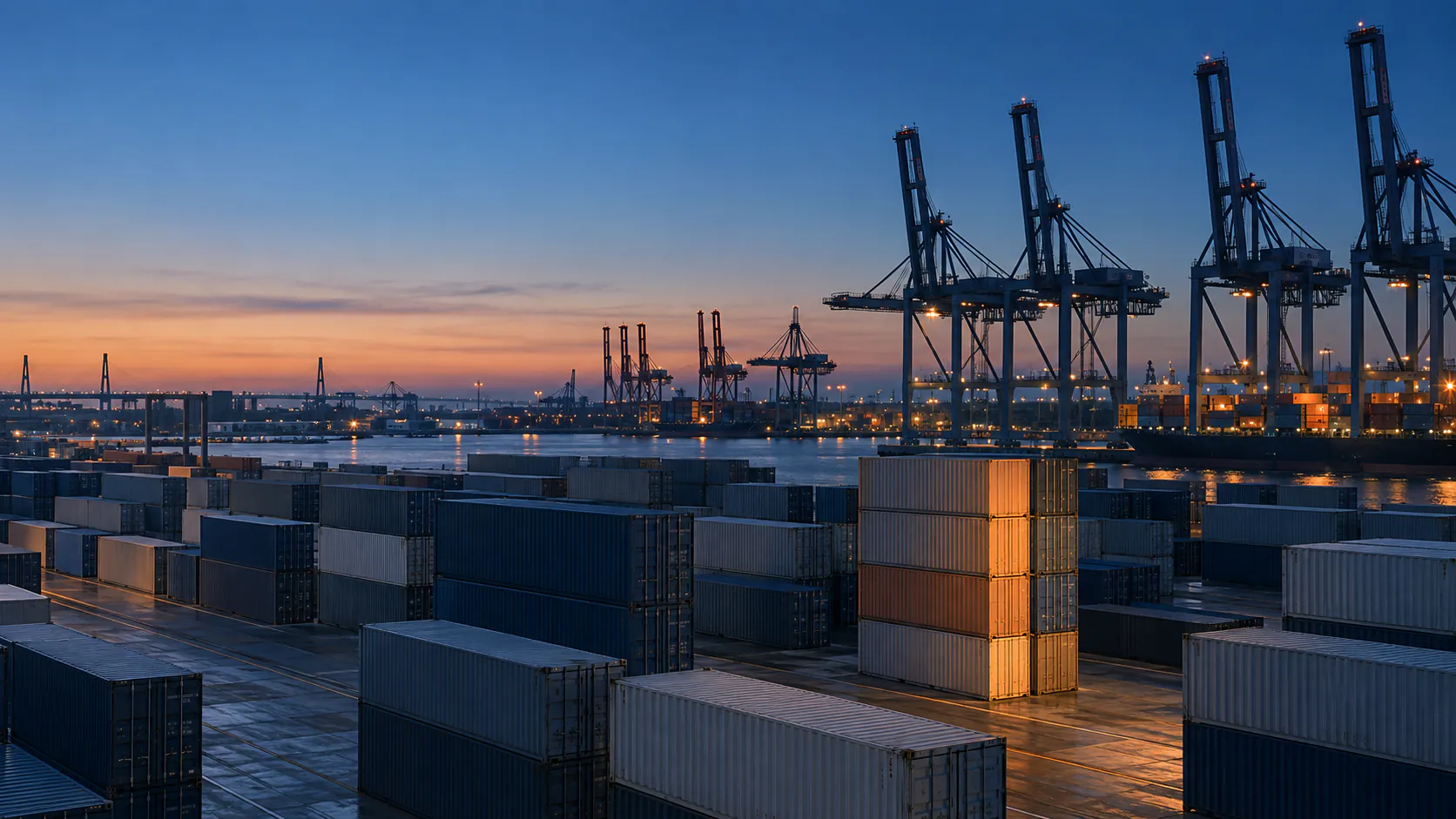 Stacked containers in the Port of Hamburg at blue hour