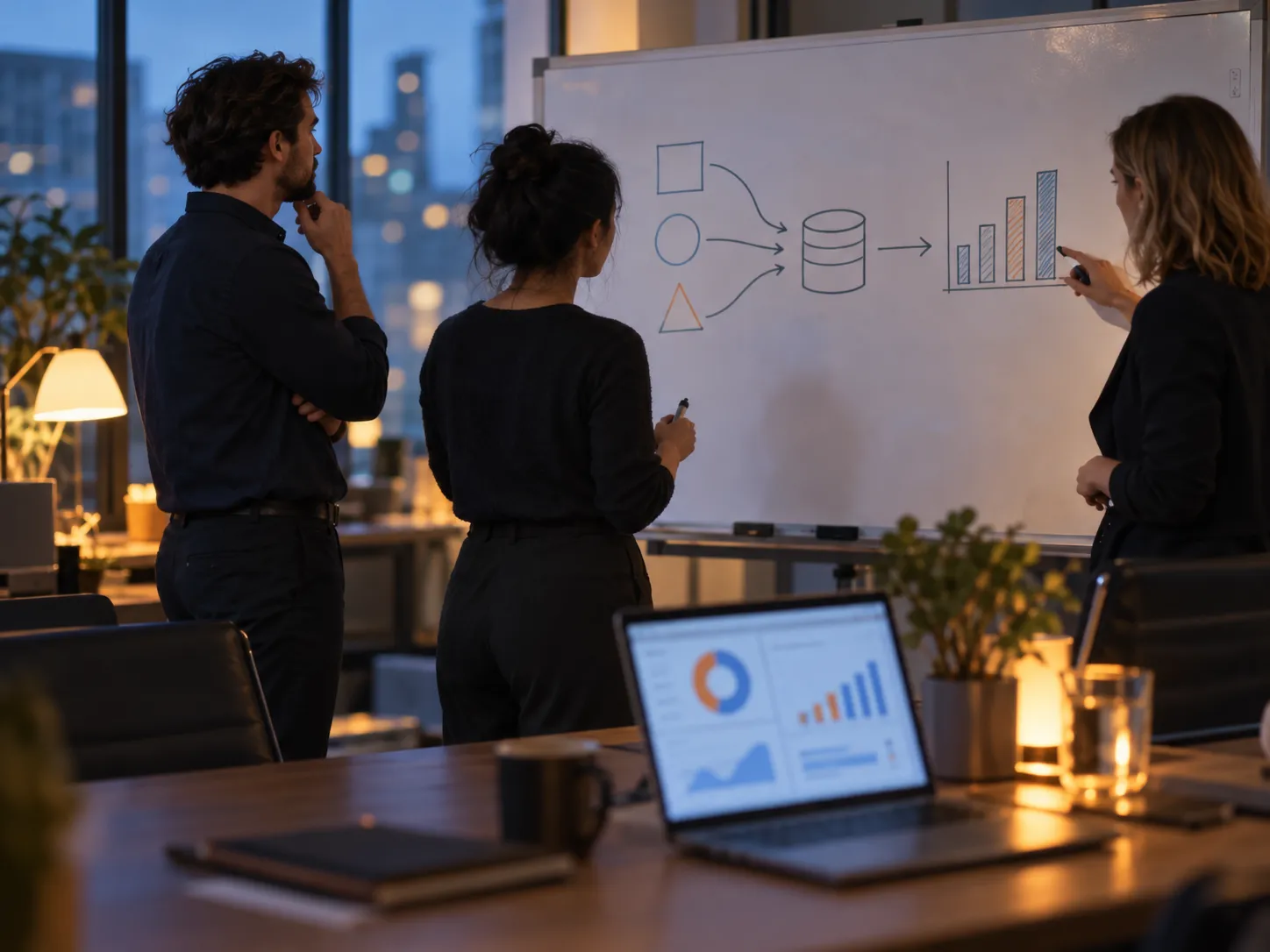 Beratung an einem Whiteboard mit skizziertem Datenweg