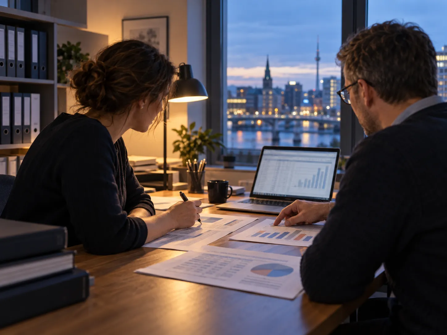 Working session with printed budget reports in a public administration